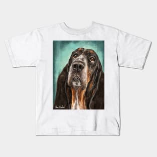 Painting of a Basset Hound Dog Looking Up Turquoise Background Kids T-Shirt